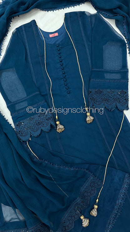 MINHA Teal - 3 Piece Chiffon Suit with Cutwork