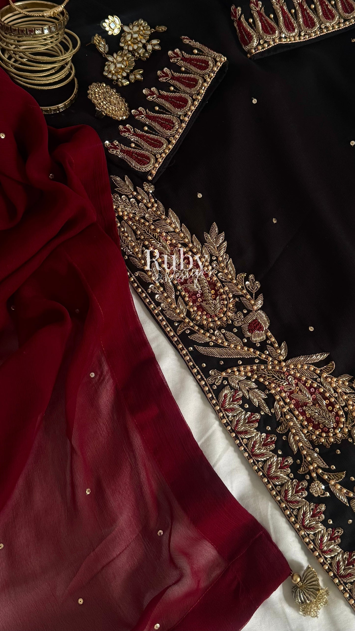MEHRUNNISA - 3 Piece Black Chiffon Suit with Gold Handwork