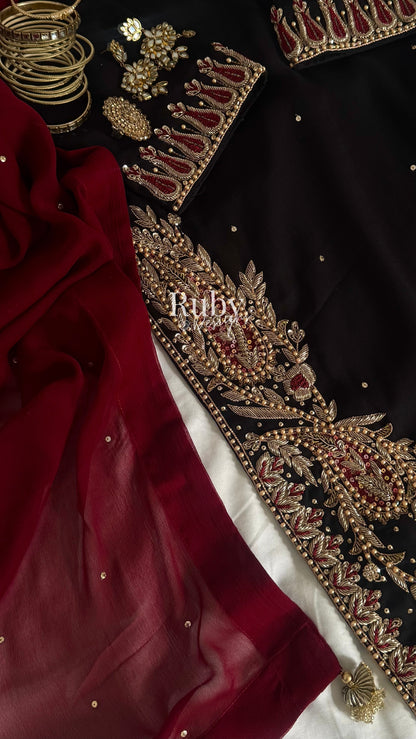 MEHRUNNISA - 3 Piece Black Chiffon Suit with Gold Handwork