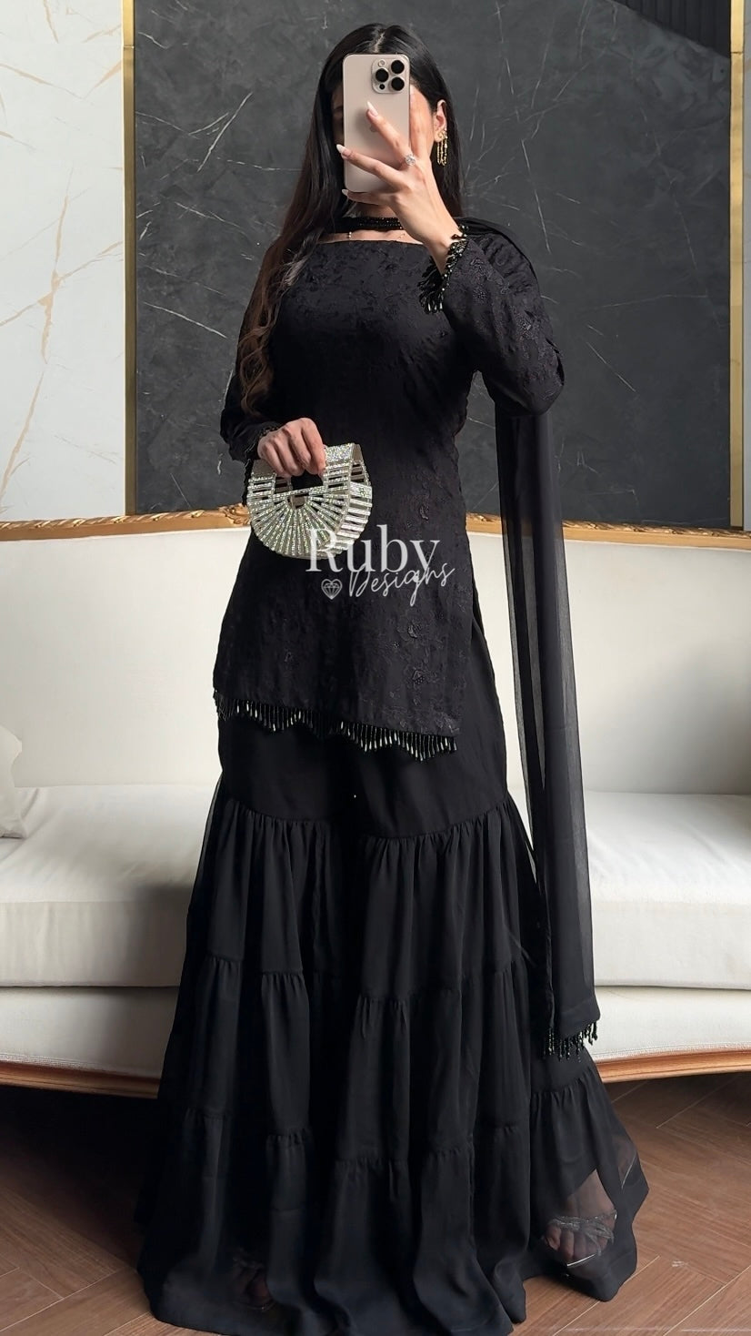 FARYAL Noir - 3 Piece Chiffon Suit with Tiered Sharara