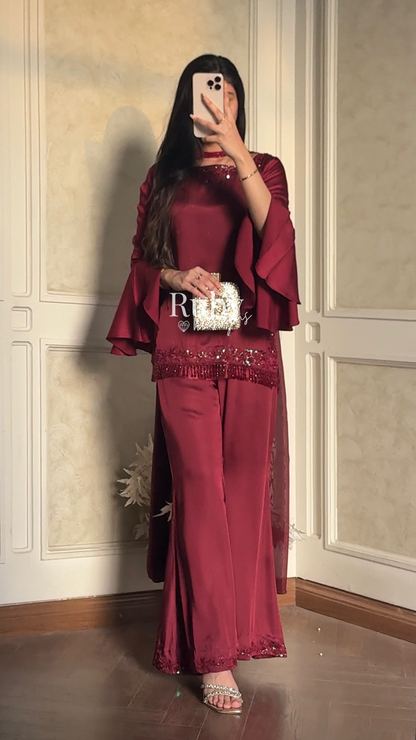 KAREENA Rouge - 3 Piece Silk Suit with Crystal Choker Dupatta