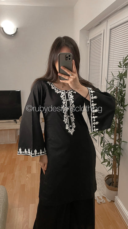 YARA - 3 Piece Black Cotton Suit with Chiffon Dupatta