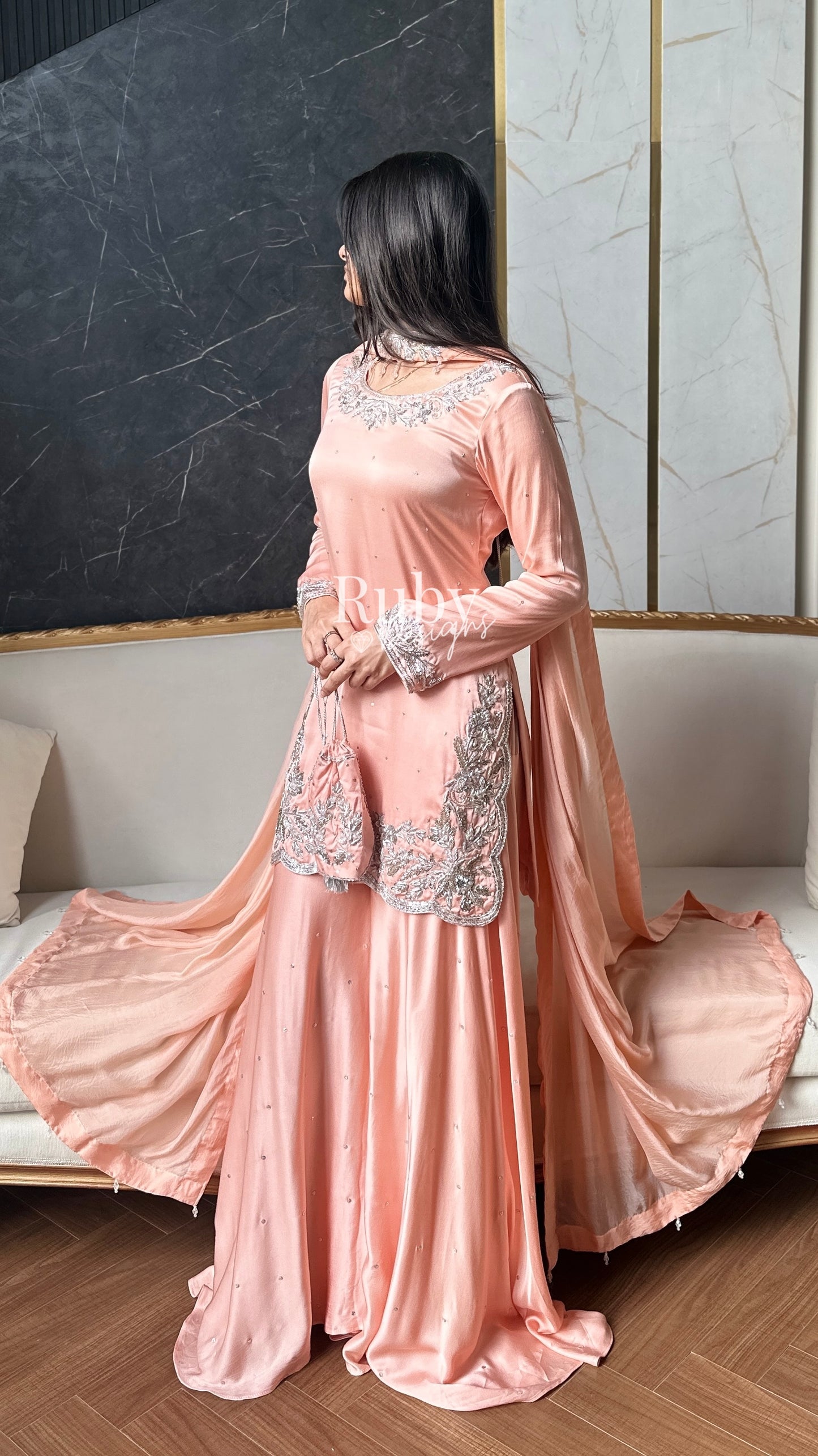 PARISA Peach - 4 Piece Silk Suit with Matching Potli Bag