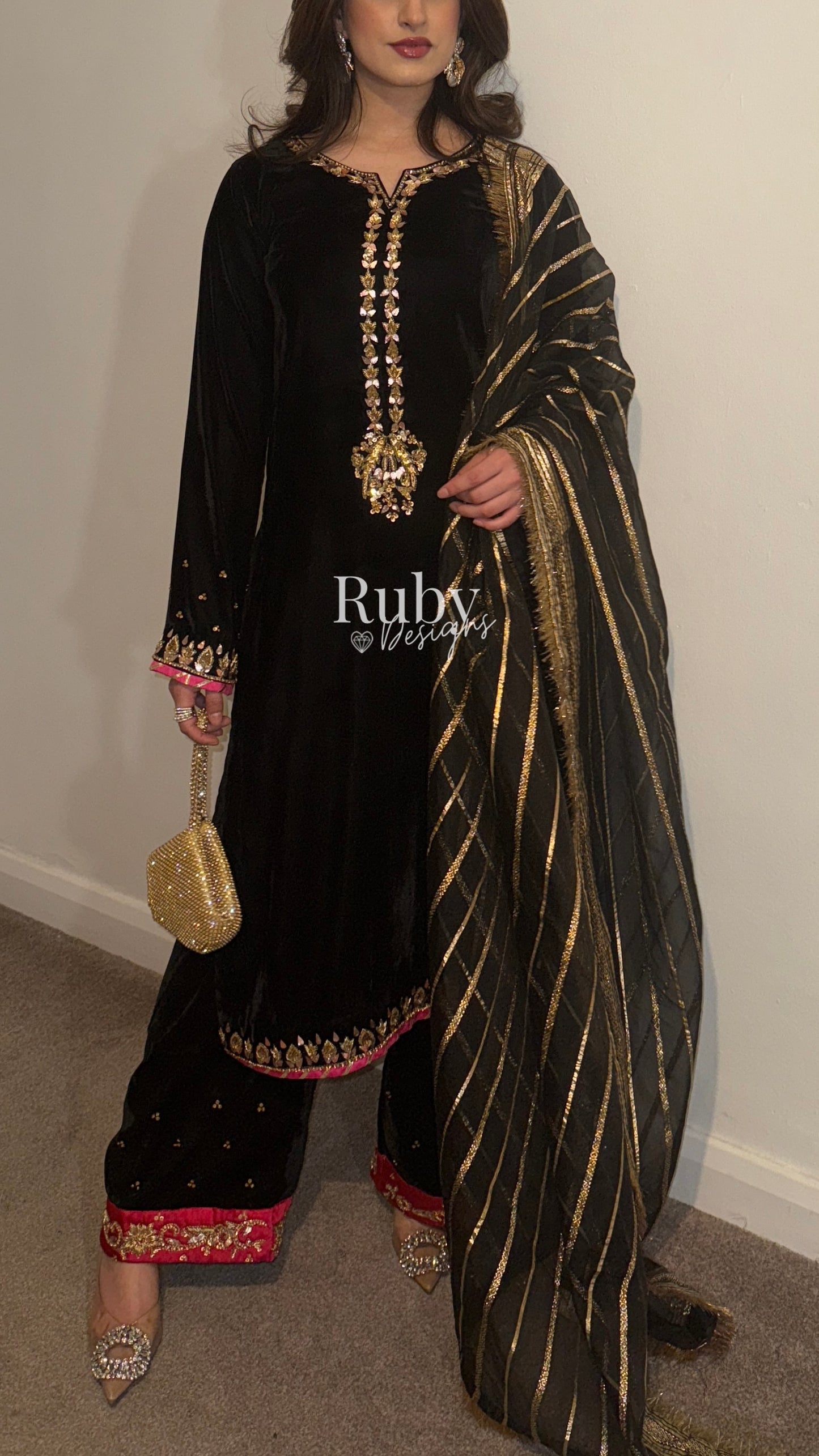 NAYAB - 3 Piece Luxury Velvet Suit with Gold Handwork