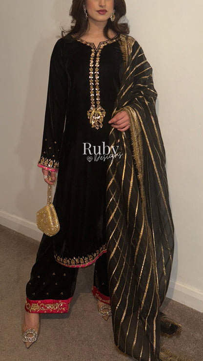 NAYAB - 3 Piece Luxury Velvet Suit with Gold Handwork