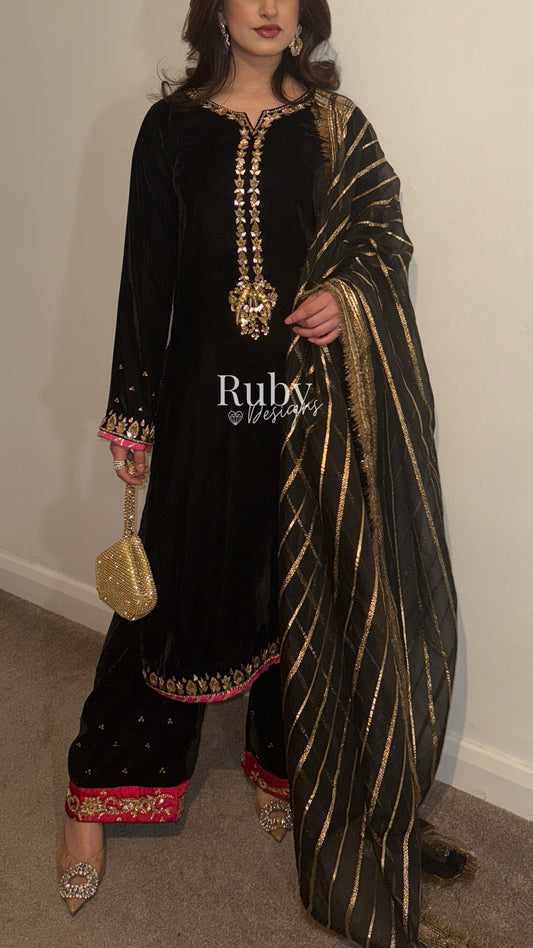 NAYAB - 3 Piece Luxury Velvet Suit with Gold Handwork