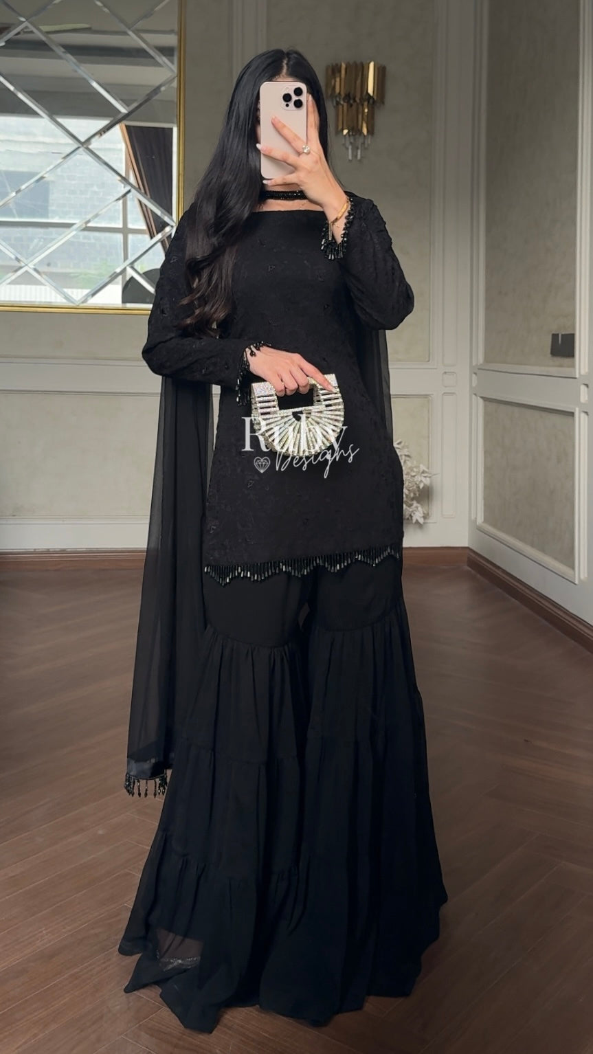 FARYAL Noir - 3 Piece Chiffon Suit with Tiered Sharara