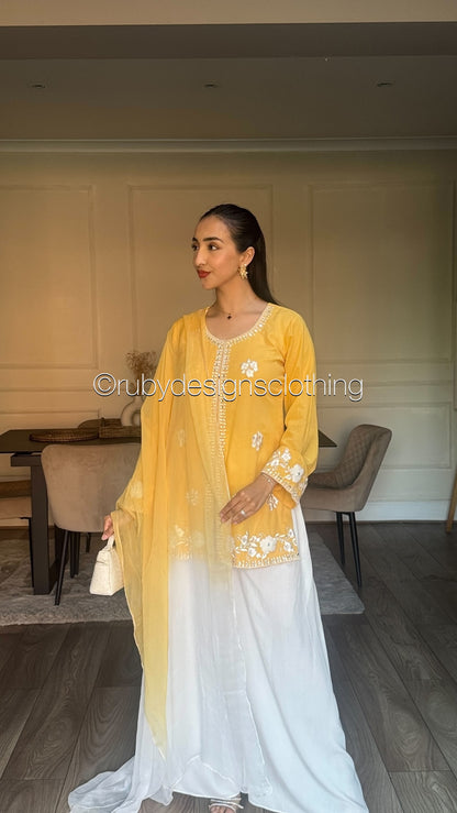 RAYA Mustard  - EXCLUSIVE 3 Piece Swiss Lawn Suit with Flowy Wide-Leg Pants