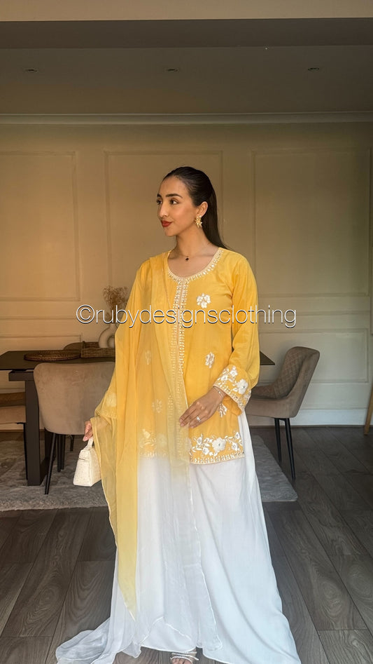 RAYA Mustard  - EXCLUSIVE 3 Piece Swiss Lawn Suit with Flowy Wide-Leg Pants