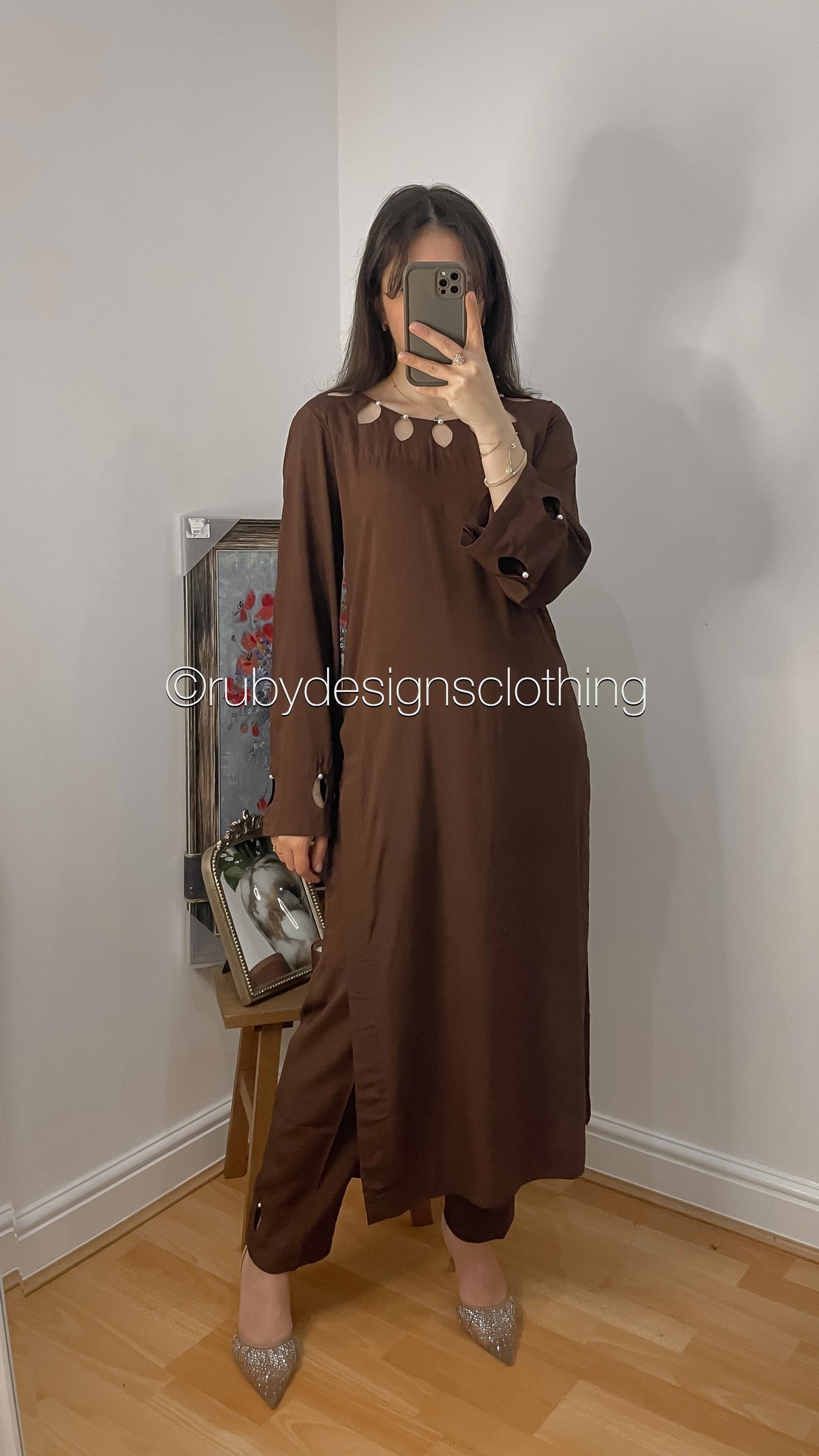 MIRA Brown - 3 Piece Linen Suit with Embroidered Shawl