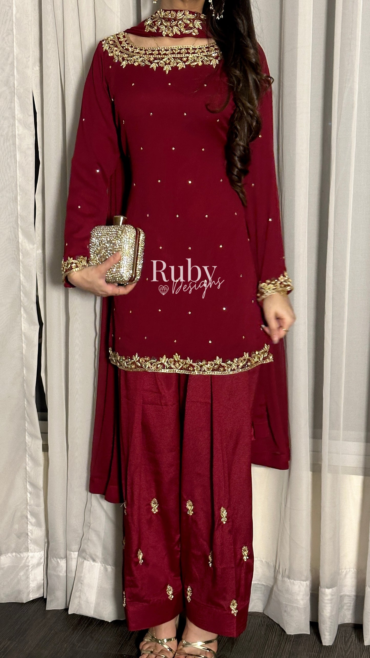 HUMNA Ruby - 3 Piece Chiffon Suit with Farshi Shalwar