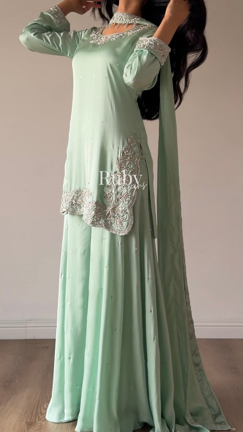 PARISA Sage - 4 Piece Silk Suit with Matching Potli Bag