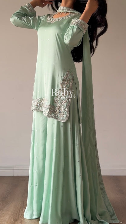 PARISA Sage - 4 Piece Silk Suit with Matching Potli Bag