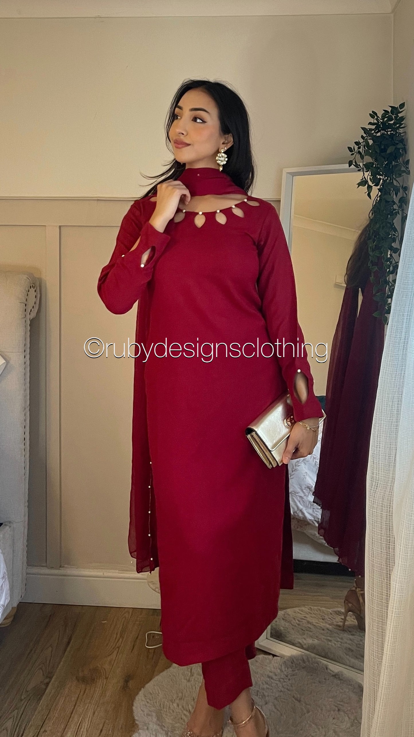 NUHA- 3 Piece Red Linen Suit with Chiffon Dupatta