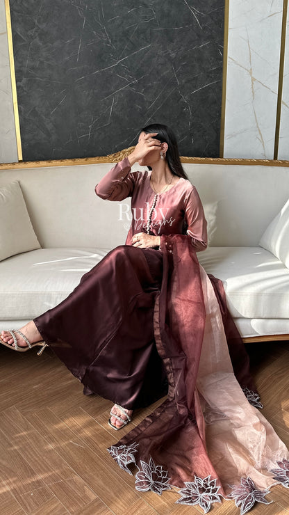FIHA Mocha - 3 Piece Ombrè Silk Suit with Flowy Wide Pants