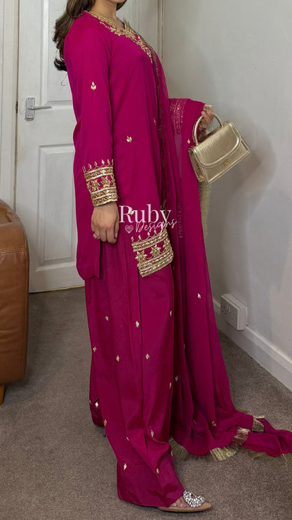 SAJAL Rose - 3 Piece Chiffon Suit with Farshi Shalwar and Gota Handwork