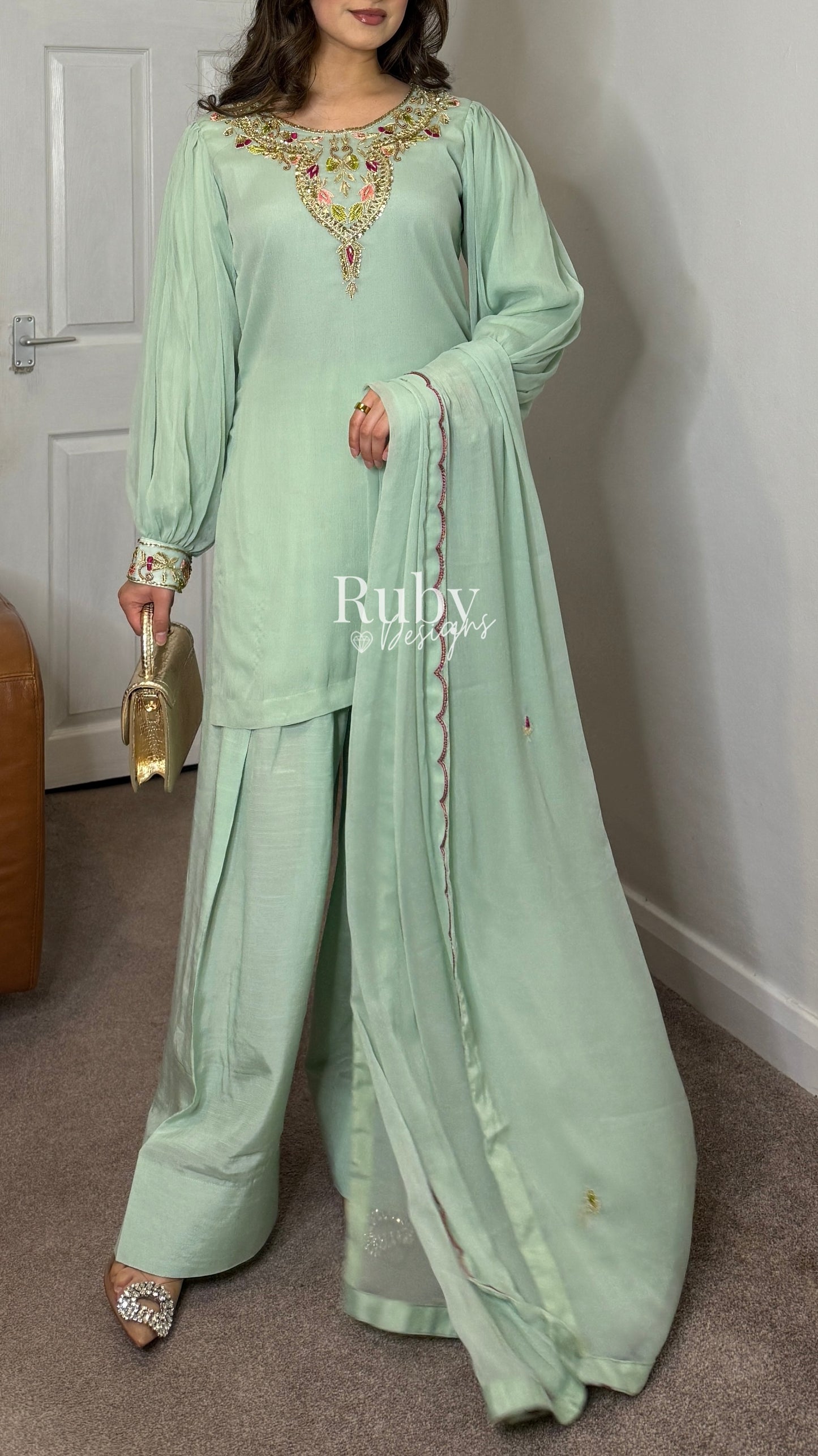 SERENE Mint - Luxury 3 Piece Chiffon Suit with Farshi Shalwar