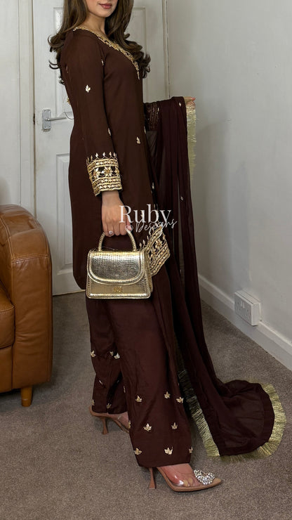 SAJAL Cocoa - 3 Piece Chiffon Suit with Farshi Shalwar and Gota Handwork