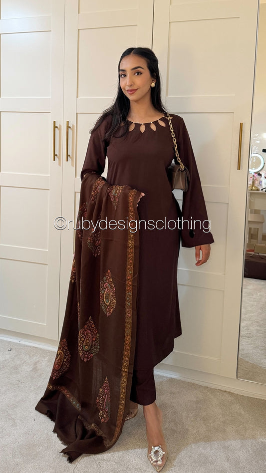 MIRA Brown - 3 Piece Linen Suit with Embroidered Shawl