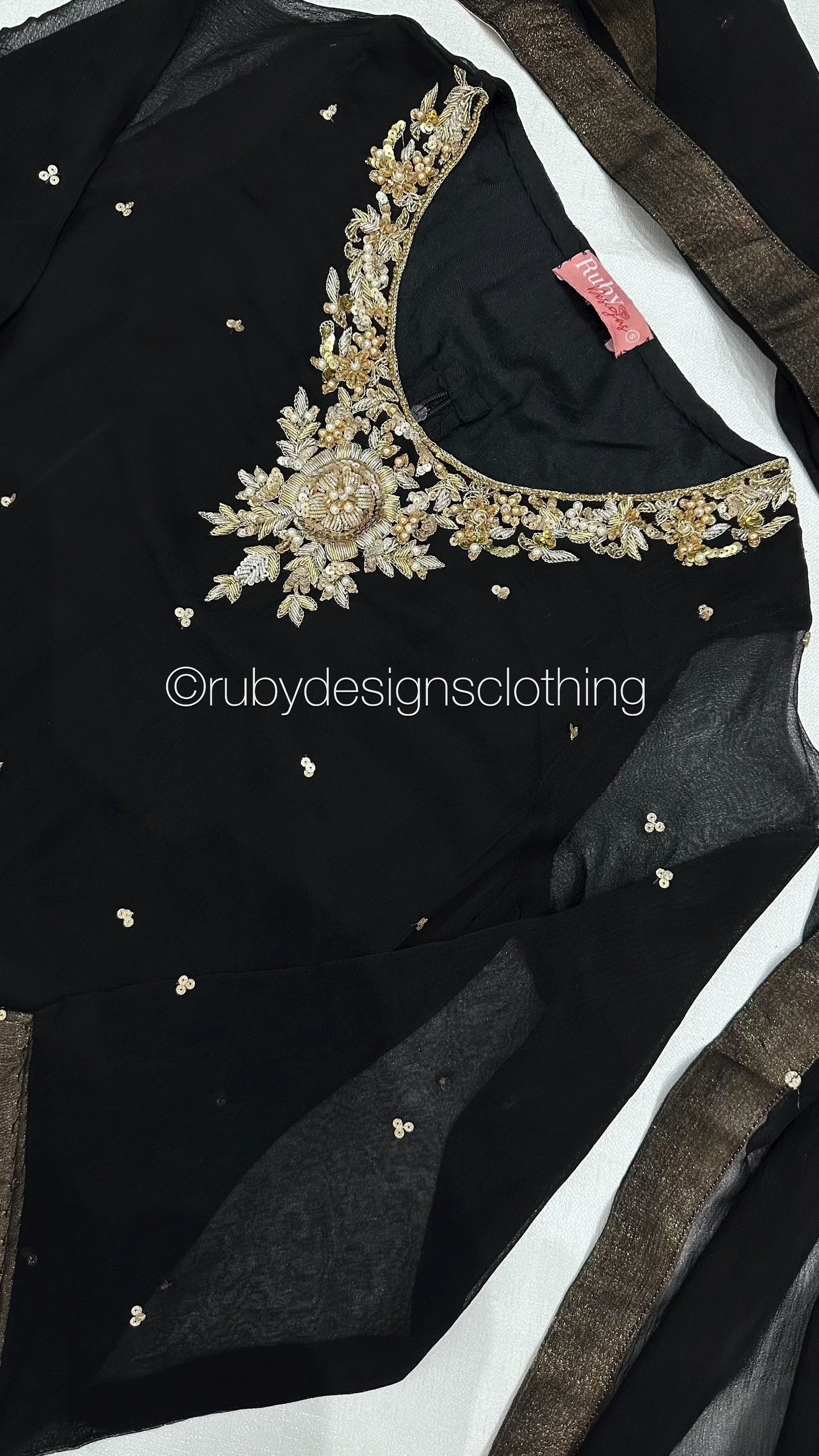 ALVIA Black - 3 Piece Black Chiffon Suit with Gold Handwork