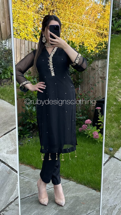 EXCLUSIVE SAMPLE - 2 Piece Black Chiffon Suit (8746815324373)