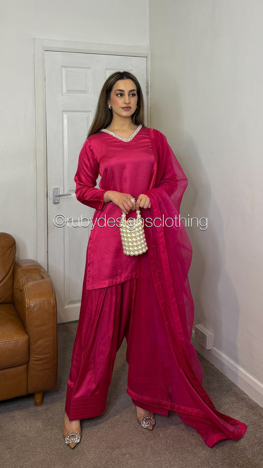 NEHA Rose - 3 Piece Silk Suit with Farshi Shalwar and Pearl Detail