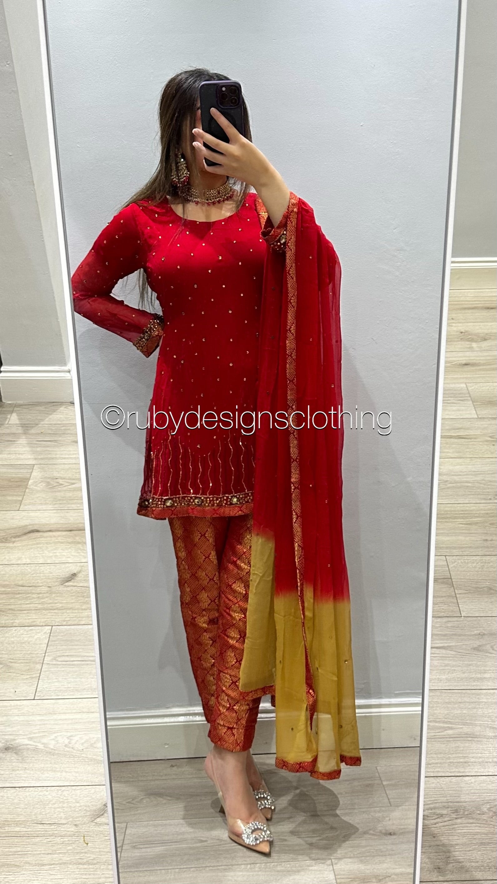 EXCLUSIVE SAMPLE - 3 Piece Red Chiffon Suit with Jamawar Trousers (8746850123989)