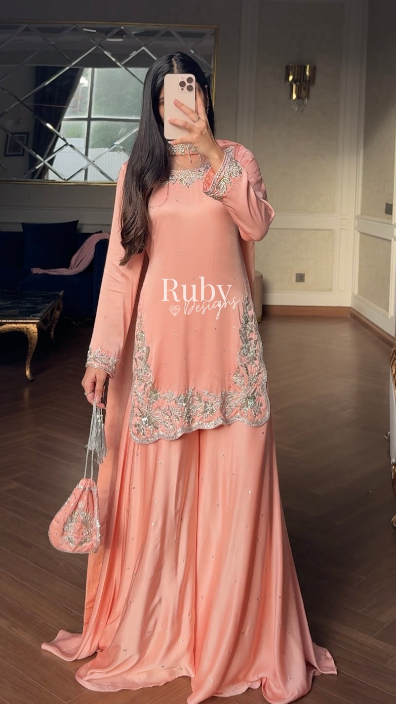 PARISA Peach - 4 Piece Silk Suit with Matching Potli Bag