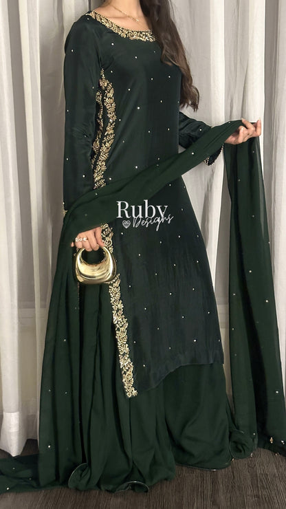 ZAINA Emerald - 3 Piece Silk Suit with Gold Handwork