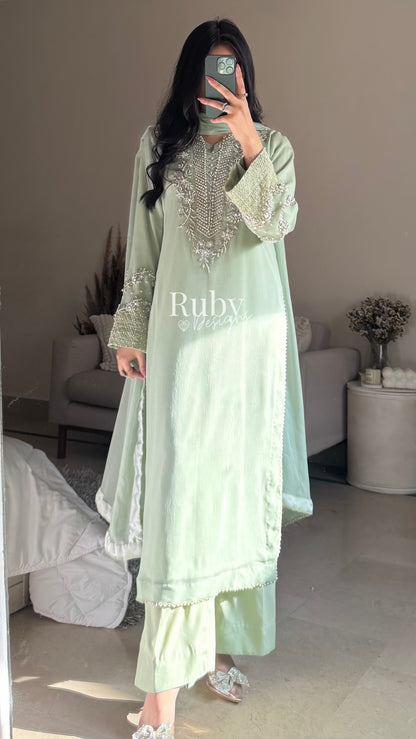 AREEN Mint - 3 Piece Chiffon Suit with Pearl and Stone Handwork