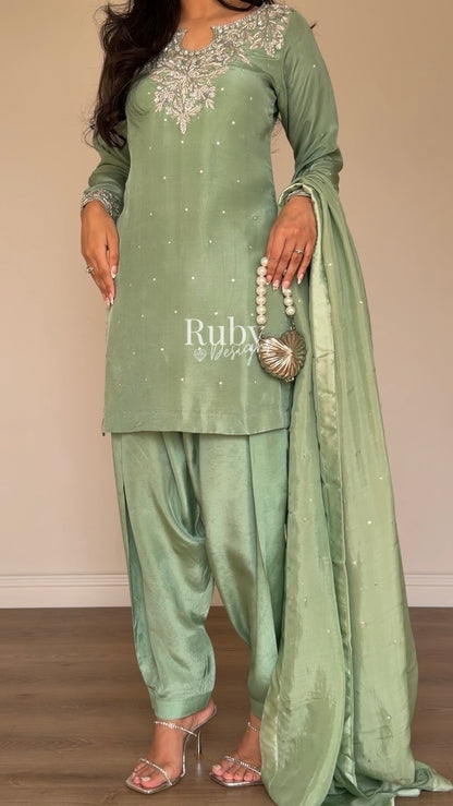 MARWA - 3 Piece Sage Green Silk Suit with Shalwar