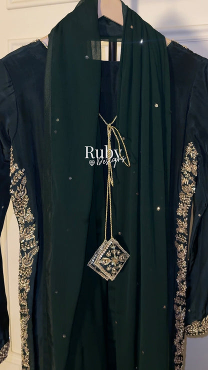 ZAINA Emerald - 3 Piece Silk Suit with Gold Handwork