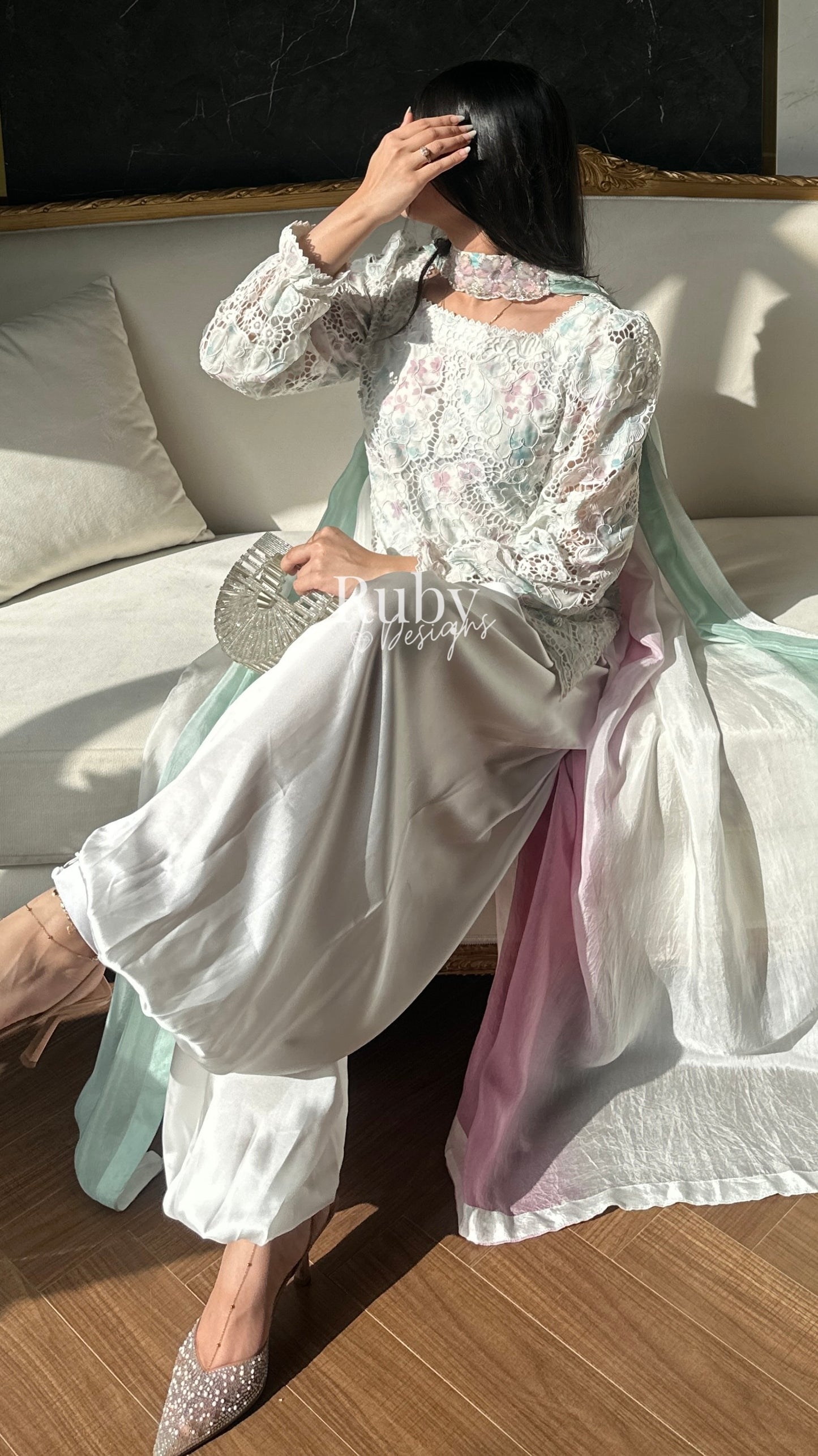 SAIRA Bloom - 3 Piece Cutwork Chikankari Suit with Balloon Trousers