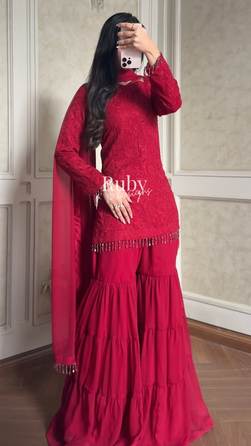 FARYAL Rouge - 3 Piece Chiffon Suit with Tiered Sharara