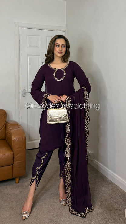 AQSA Plum - 3 Piece Chiffon Suit with Tulip Trouser