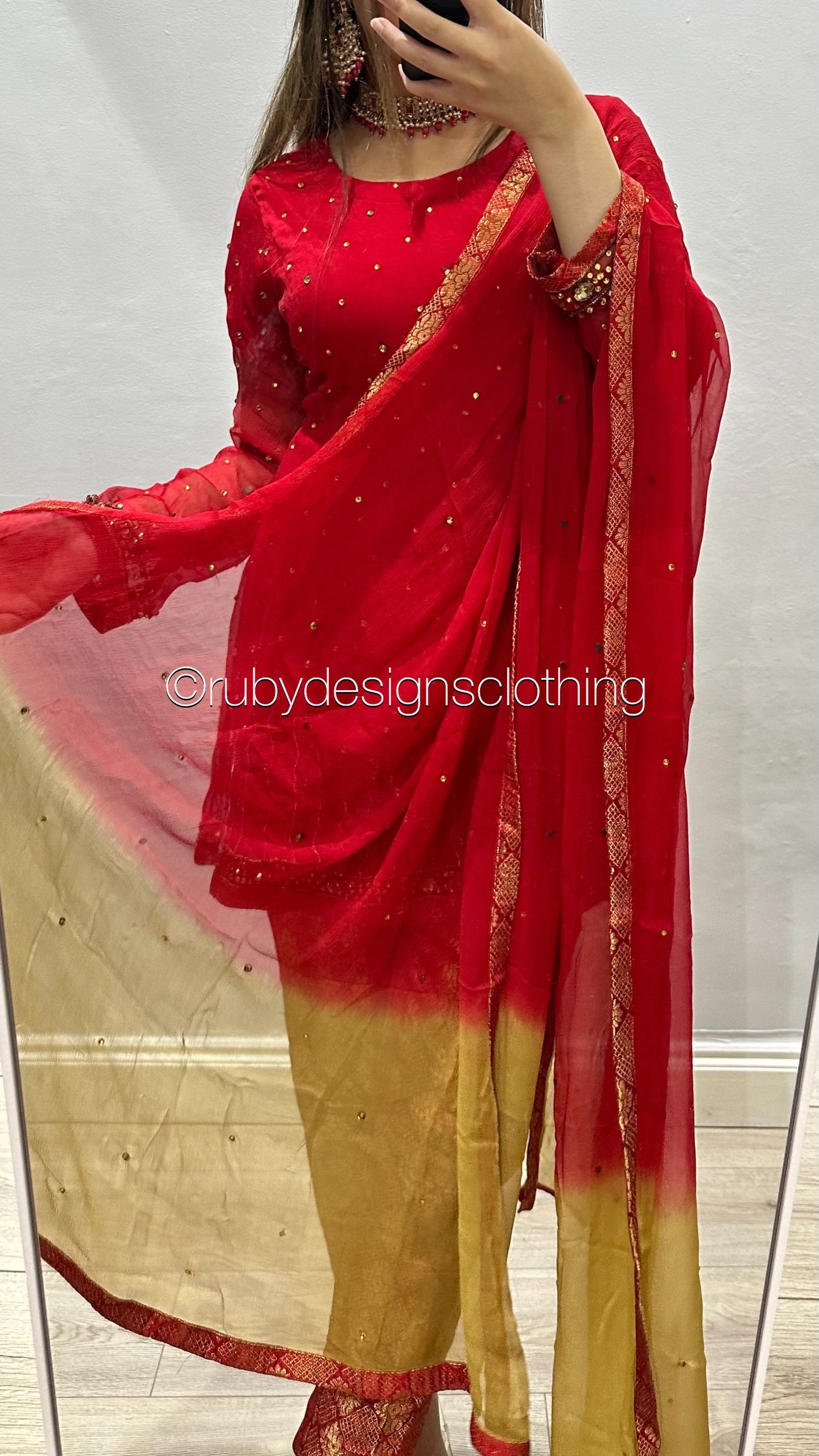 EXCLUSIVE SAMPLE - 3 Piece Red Chiffon Suit with Jamawar Trousers (8746850123989)