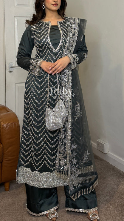 IZMA Smoke - 3 Piece Net Suit with Wide Leg Trousers