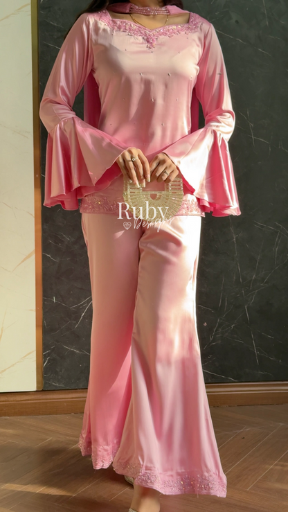 KAREENA Pink - 3 Piece Silk Suit with Crystal Choker Dupatta