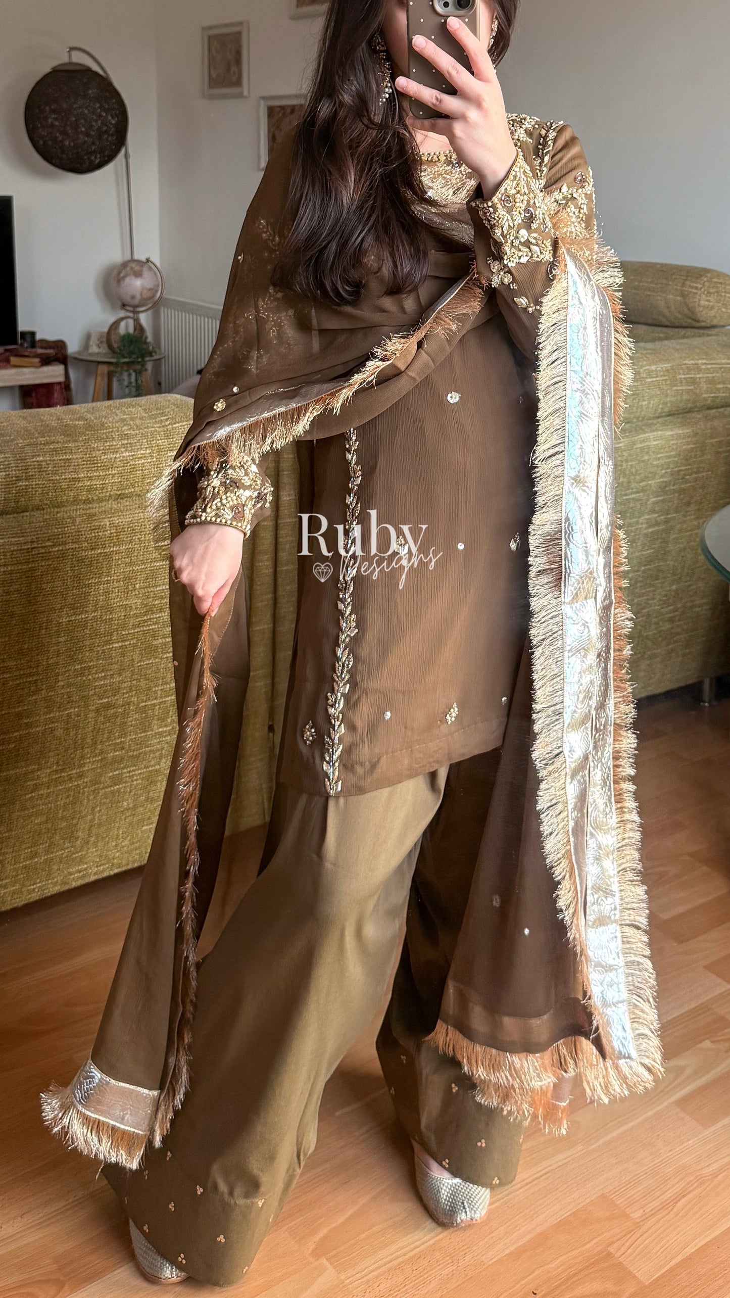NAYRA Style 3 (Short Shirt) - 3 Piece Khaki Chiffon Suit with Shalwar