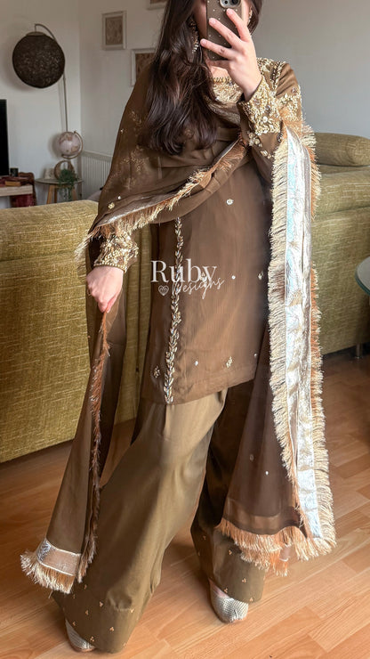 NAYRA Style 3 (Short Shirt) - 3 Piece Khaki Chiffon Suit with Shalwar