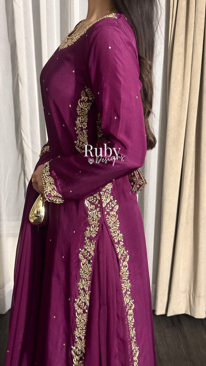 ZAINA Mulberry - 3 Piece Silk Suit with Gold Handwork