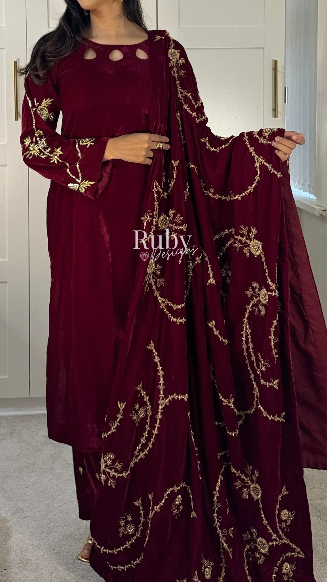 RAISA Cherry - 3 Piece Luxury Velvet Suit with Heavy Embellished Shawl