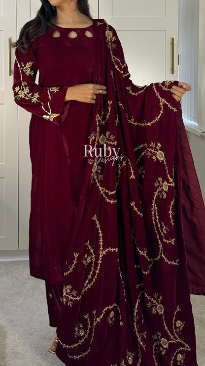 RAISA Cherry - 3 Piece Luxury Velvet Suit with Heavy Embellished Shawl