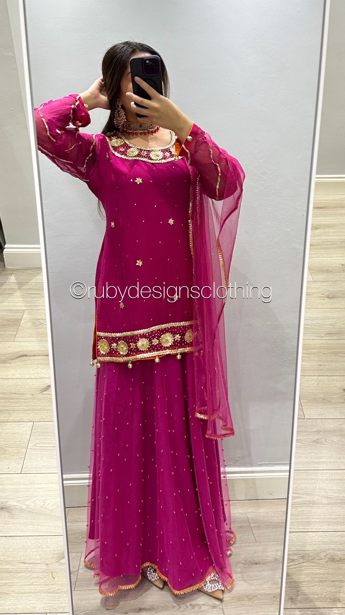 EXCLUSIVE SAMPLE - 3 Piece Hot Pink Chiffon Suit with Gota Work and Net Skirt (8746828628181)