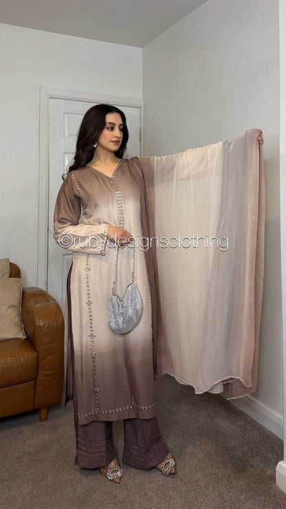 ARZOO Mocha - 3 Piece Ombre Brown Linen Suit with Chiffon Dupatta