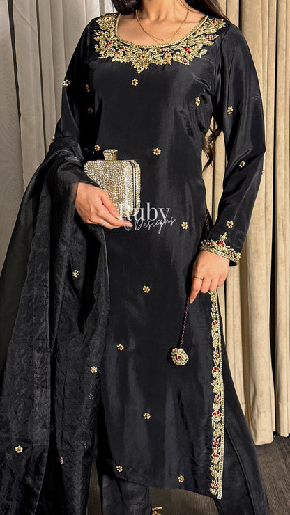 MEHRA - 3 Piece Black Silk Suit with Organza Dupatta