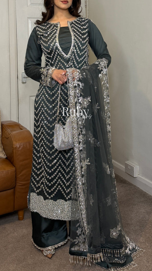 IZMA Smoke - 3 Piece Net Suit with Wide Leg Trousers