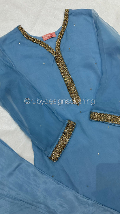 EXCLUSIVE SAMPLE - 3 Piece Blue Chiffon Suit with Gold Handwork (8746815357141)