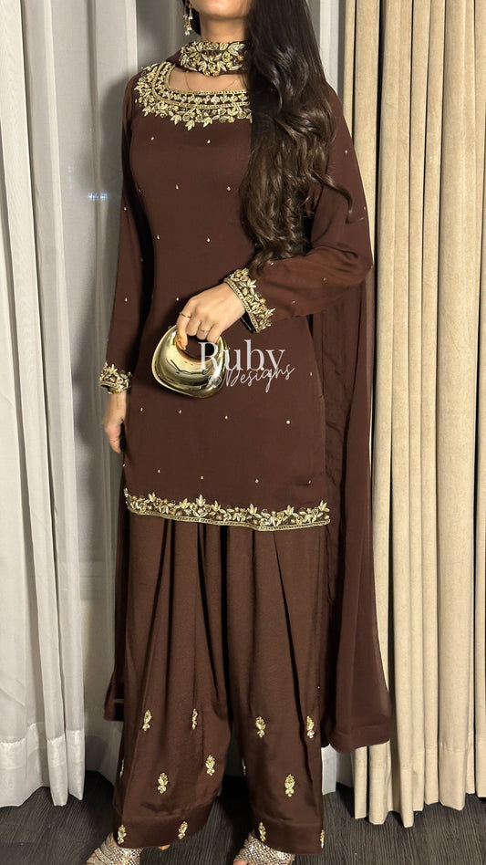 HUMNA Cocoa - 3 Piece Chiffon Suit with Farshi Shalwar