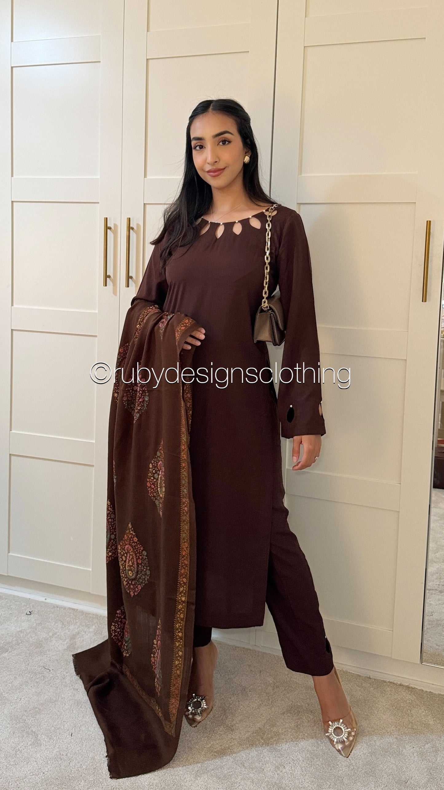 MIRA Brown - 3 Piece Linen Suit with Embroidered Shawl